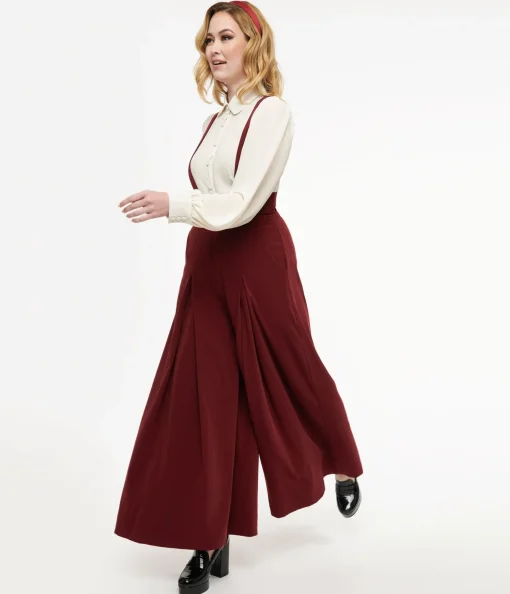 Voodoo Vixen 1950s Burgundy High Waist Suspender Pants