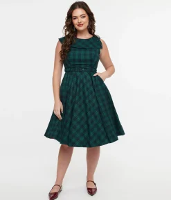 Voodoo Vixen 1950s Green Check Fit & Flare Dress