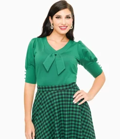 Voodoo Vixen 1950s Green Front Tie Jersery Knit Top