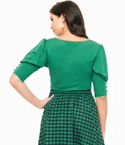Voodoo Vixen 1950s Green Front Tie Jersery Knit Top