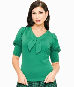 Voodoo Vixen 1950s Green Front Tie Jersery Knit Top