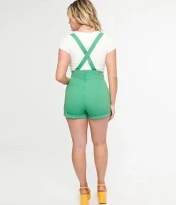 Voodoo Vixen 1950s Green Sunflowers & Bees High Waisted Suspender Shorts