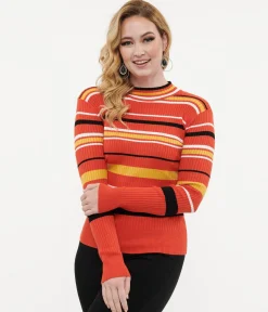 Voodoo Vixen 1970s Orange Striped High Neck Sweater