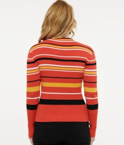 Voodoo Vixen 1970s Orange Striped High Neck Sweater