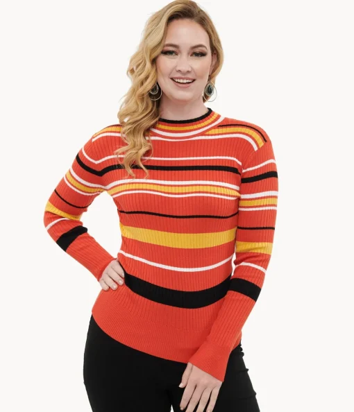 Voodoo Vixen 1970s Orange Striped High Neck Sweater