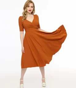 Voodoo Vixen 1950s Orange Wrapover Swing Dress