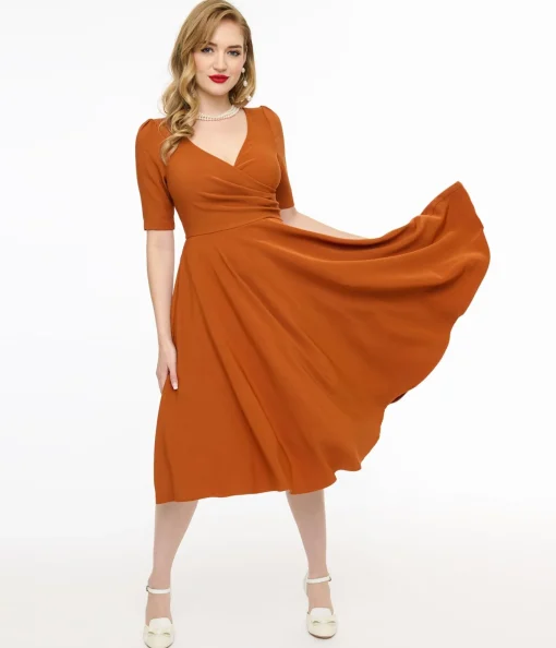 Voodoo Vixen 1950s Orange Wrapover Swing Dress