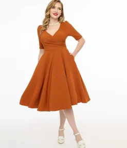 Voodoo Vixen 1950s Orange Wrapover Swing Dress