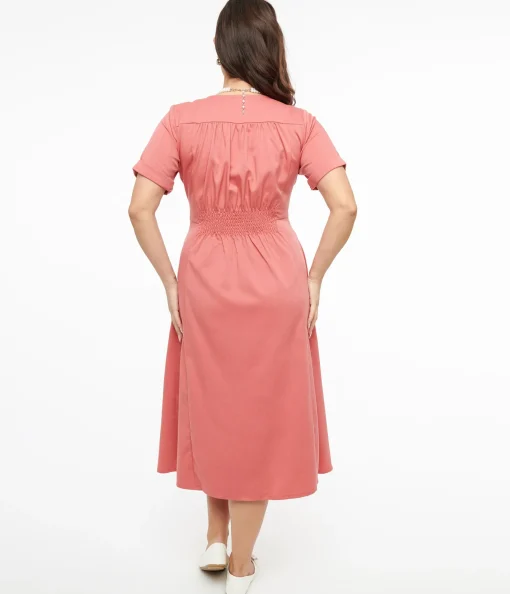 Voodoo Vixen 1940s Pink Midi Shirt Dress