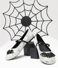 White & Black Bat Spiderweb Mary Jane Flats