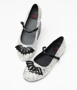 White & Black Bat Spiderweb Mary Jane Flats