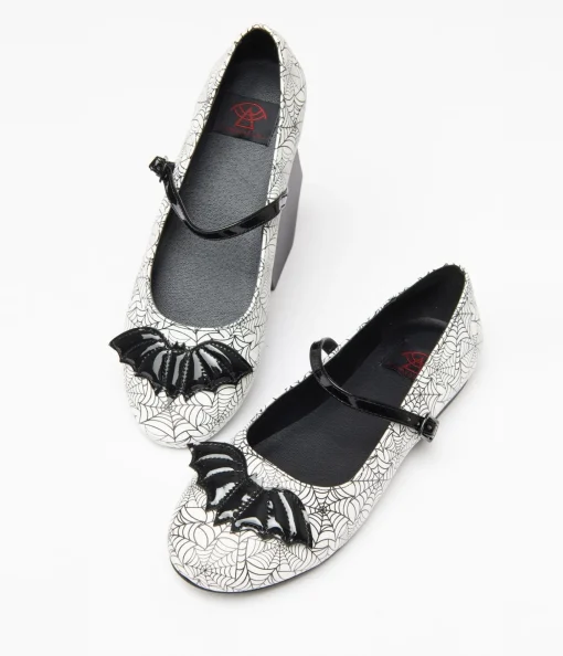 White & Black Bat Spiderweb Mary Jane Flats