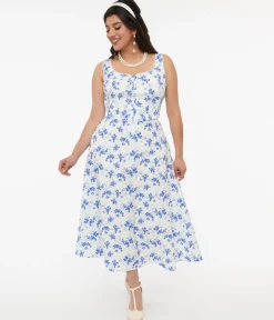 White & Blue Floral Cotton Midi Dress