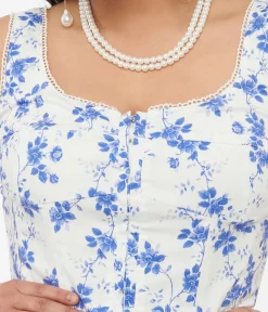 White & Blue Floral Cotton Midi Dress