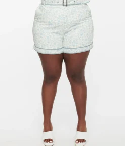 White & Dusty Blue Floral Belted Shorts