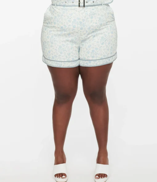 White & Dusty Blue Floral Belted Shorts