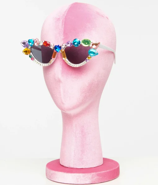 White & Rainbow Gemstone Cat Eye Sunglasses