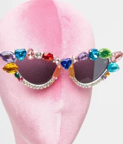 White & Rainbow Gemstone Cat Eye Sunglasses