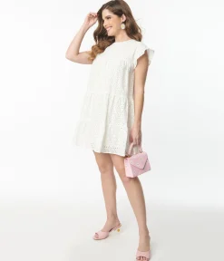 White Flutter Sleeve Eyelet Dress