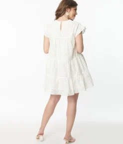 White Flutter Sleeve Eyelet Dress