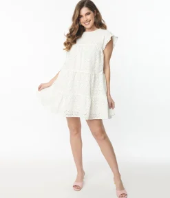 White Flutter Sleeve Eyelet Dress