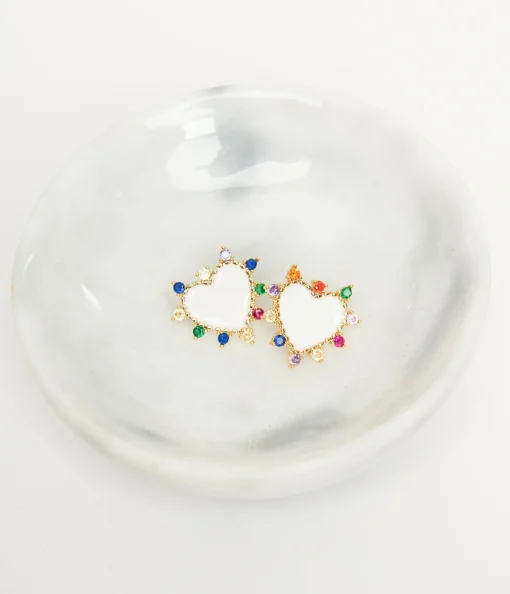 White Heart & Multicolor Stone Stud Earrings