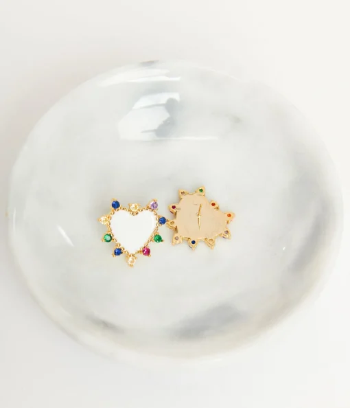 White Heart & Multicolor Stone Stud Earrings