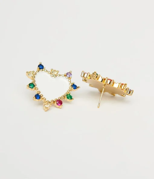White Heart & Multicolor Stone Stud Earrings