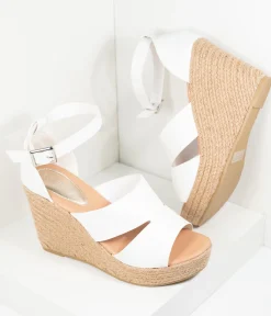 White Leatherette Espadrille Wedge Sandals