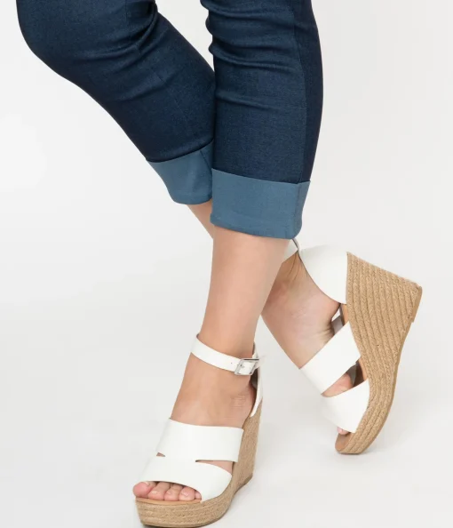 White Leatherette Espadrille Wedge Sandals