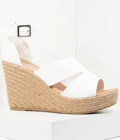White Leatherette Espadrille Wedge Sandals