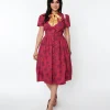Willy Wonka x Unique Vintage Berry Swirls & Gold Bow Swing Dress