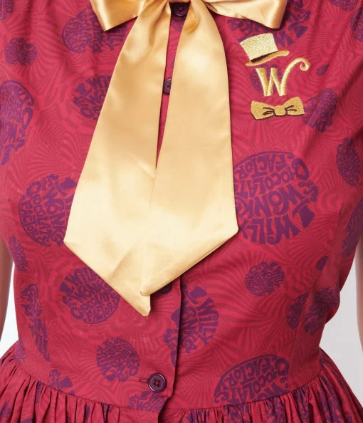 Willy Wonka x Unique Vintage Berry Swirls & Gold Bow Swing Dress