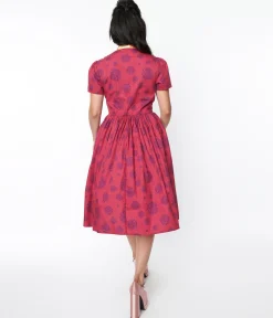Willy Wonka x Unique Vintage Berry Swirls & Gold Bow Swing Dress