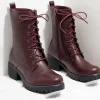 Wine Leatherette Lace Up Combat Boots