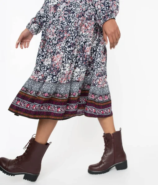 Wine Leatherette Lace Up Combat Boots