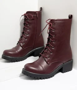 Wine Leatherette Lace Up Combat Boots