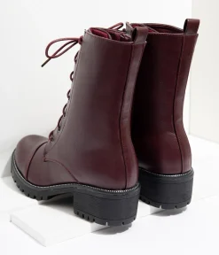 Wine Leatherette Lace Up Combat Boots