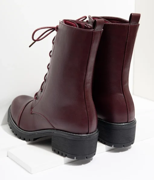 Wine Leatherette Lace Up Combat Boots