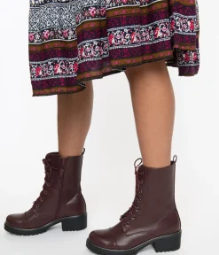 Wine Leatherette Lace Up Combat Boots