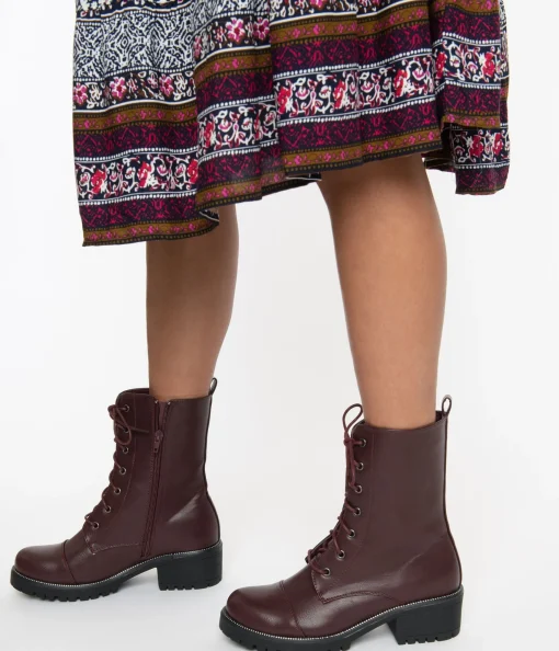 Wine Leatherette Lace Up Combat Boots