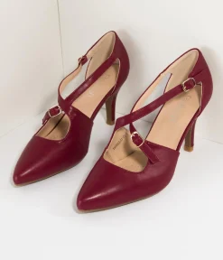 Wine Red Leatherette Cross Strap Pointed Toe Pumps