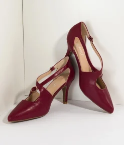 Wine Red Leatherette Cross Strap Pointed Toe Pumps
