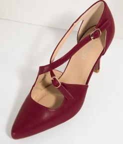Wine Red Leatherette Cross Strap Pointed Toe Pumps