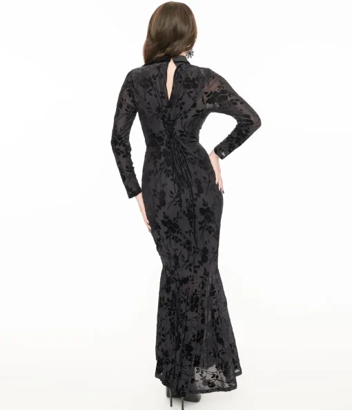 Witchwood Bags Black Sheer Velvet Flocked Floral Ophelia Maxi Mermaid Dress