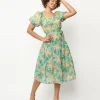 Yellow & Green Floral Tiered Midi Dress
