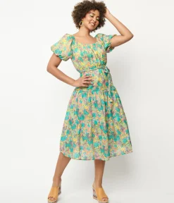 Yellow & Green Floral Tiered Midi Dress