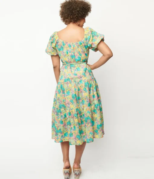 Yellow & Green Floral Tiered Midi Dress