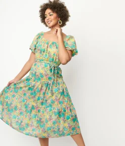 Yellow & Green Floral Tiered Midi Dress