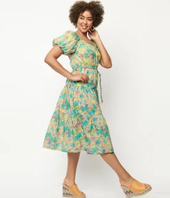 Yellow & Green Floral Tiered Midi Dress